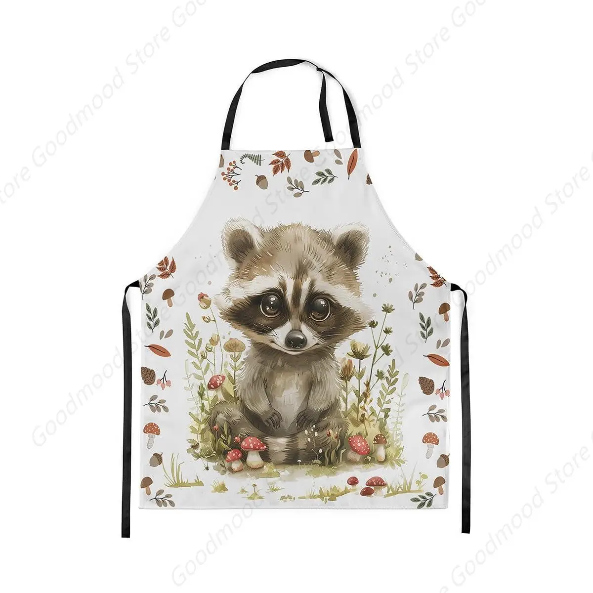 

Cute Raccoon Kitchen Apron Cartoon Jungle Red Mushroom Green Leaves Waterproof Apron for Adults Watercolor Animal Apron