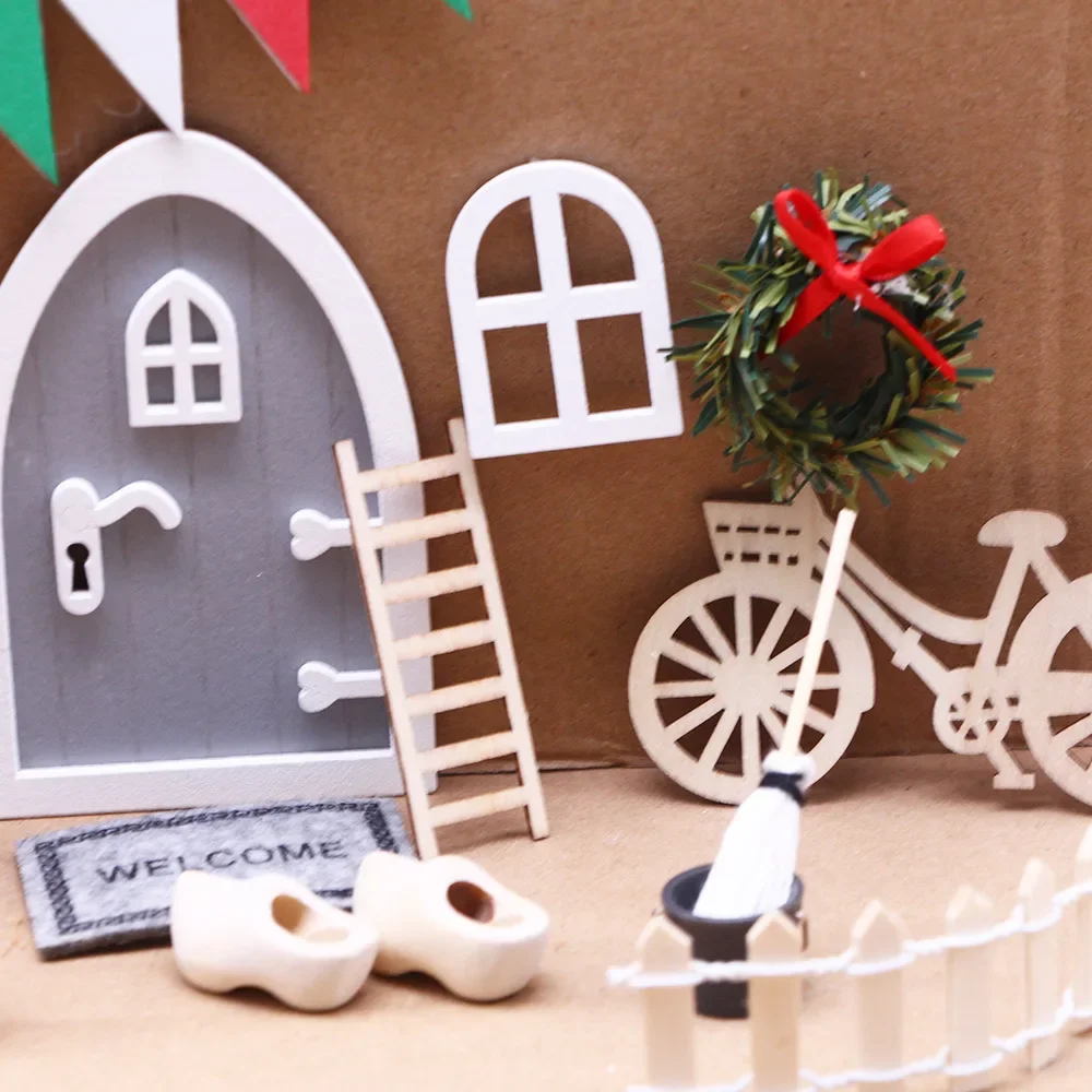 Cross-border new Dollhouse doll house gray doorway Christmas set, 14 miniature scene furniture decorations