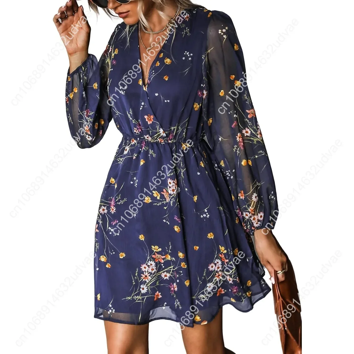 

Women's Mini Dresses Casual Spring V Neck Chiffon Long Peasant Sleeves Flowy Summer Dress