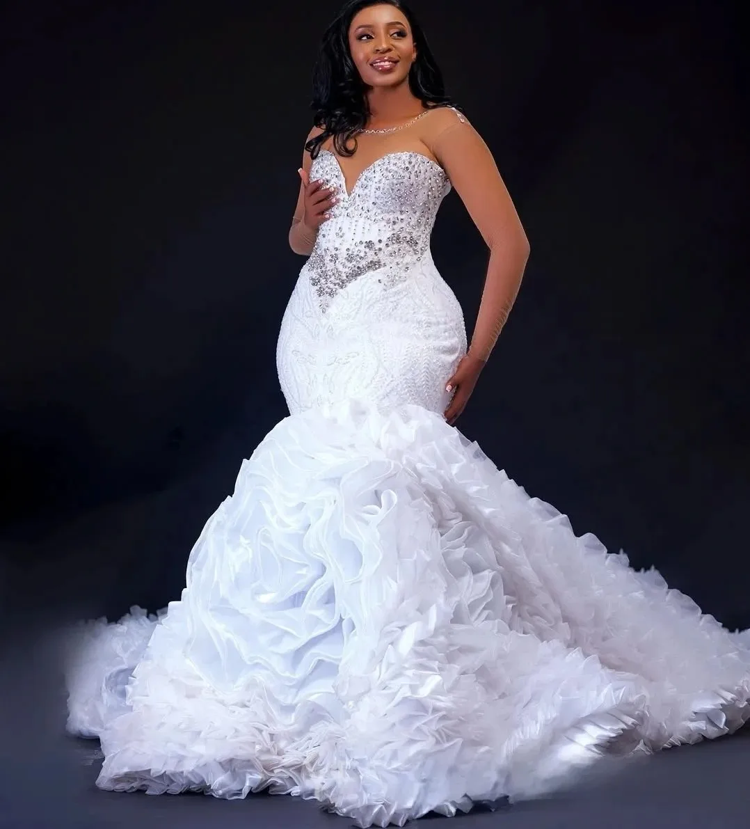 

Mermaid Wedding Dress 2026 Sheer O-Neck Long Sleeves Illusion Beading Cascading Ruffles Bride Bridal Gowns vestido de novia