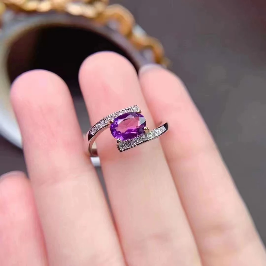 Natural Amethyst Ring S925 Silver Inlay Support Recheck Resizable Rings for Women Anillos De Matrimonio Pareja En Oro 14 K