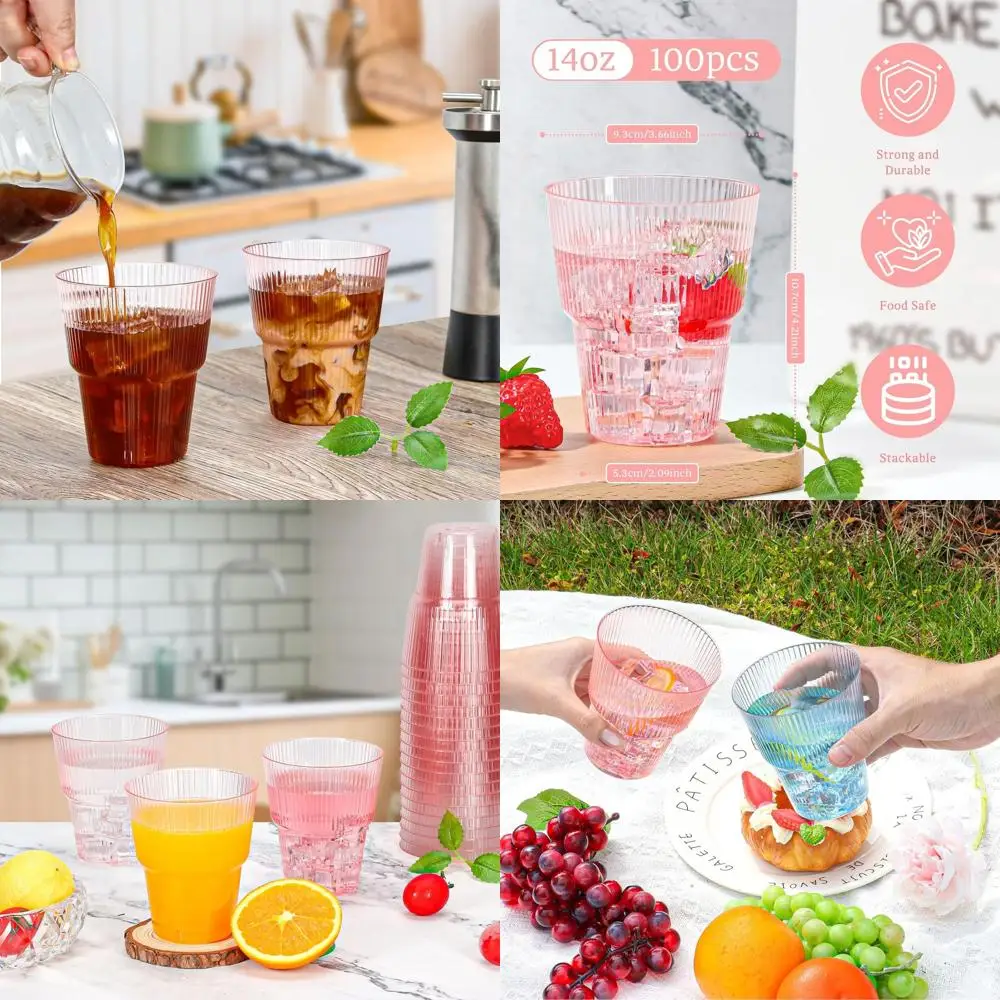 

100 Pack 14 oz Pink Ribbed Plastic Wine Glasses - Disposable Martini Cups for Weddings and Events
