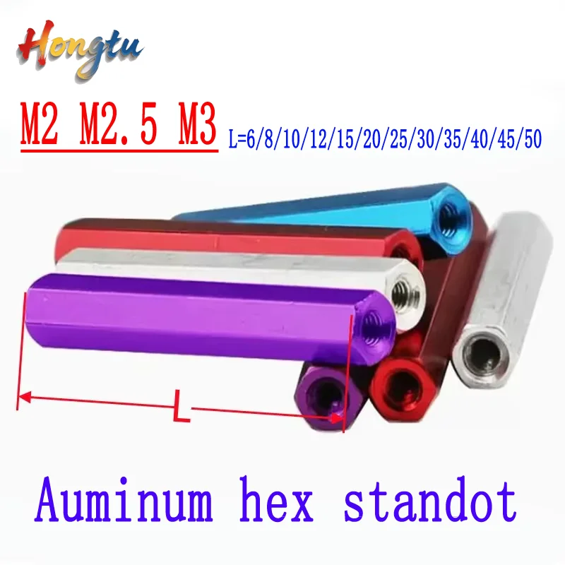 

5 silver hexagonal post spacers with red backs, dark blue, light blue, gold, purple, and orange finishes, M2-M3