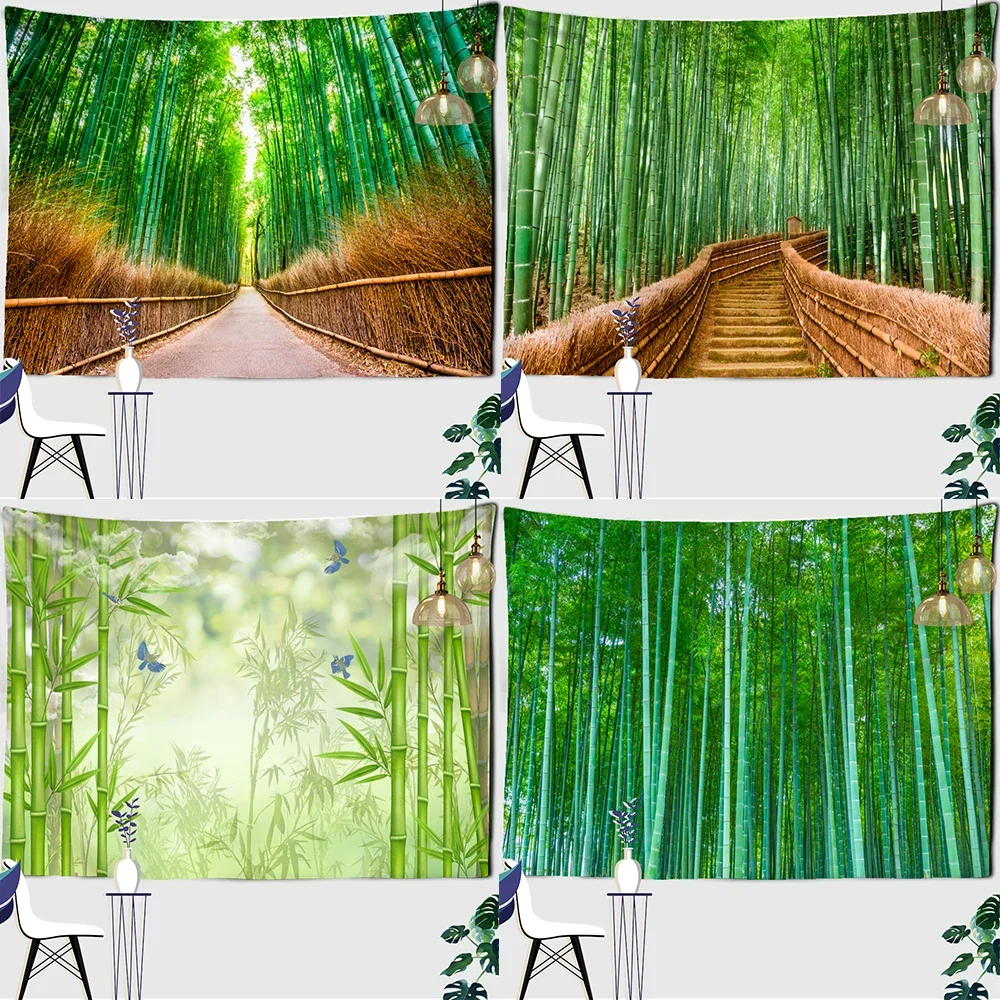 Hippie Room Dormitory Art Decoration Green Bamboo Forest Tapestry Natural Scenery Landscape Wall Hanging
