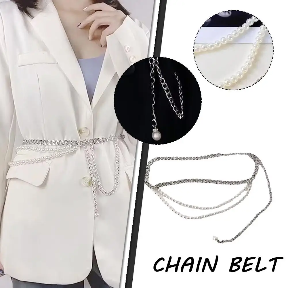 Fashionable Multiple Layers Women Belt Pearls Splicing Sexy Belt Sweet Metal Chain Chain Adjustable Waist Length T6q6