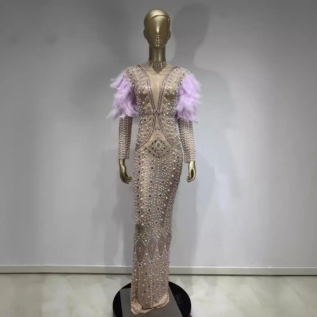 

Rhinestone Feather Tulle Dress Stage Performance Costume Party Tights Evening Clubwear Glam Outfit платье брюки женское вечернее