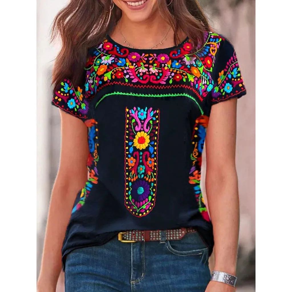 Bohemian style short sleeve V-neck women top 3D printed color Mexican flower T-shirt printed shirt New basic T-shirt