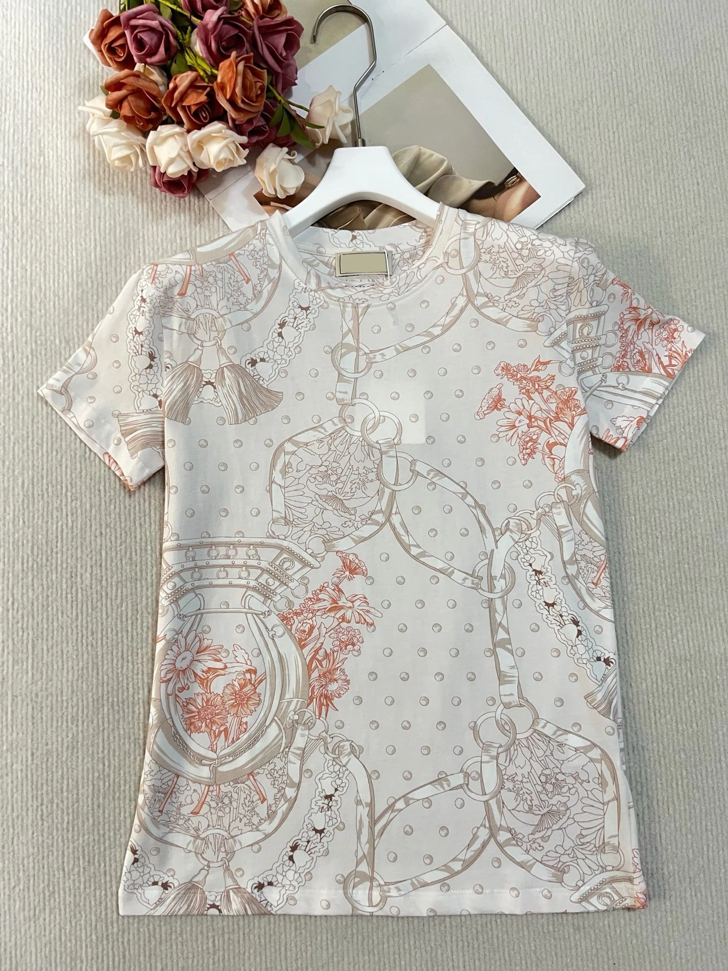 

Retro Floral Tassel Print Short Sleeve Women's T-Shirt Cotton Breathable round Neck Casual Comfortable Spring Summer Top