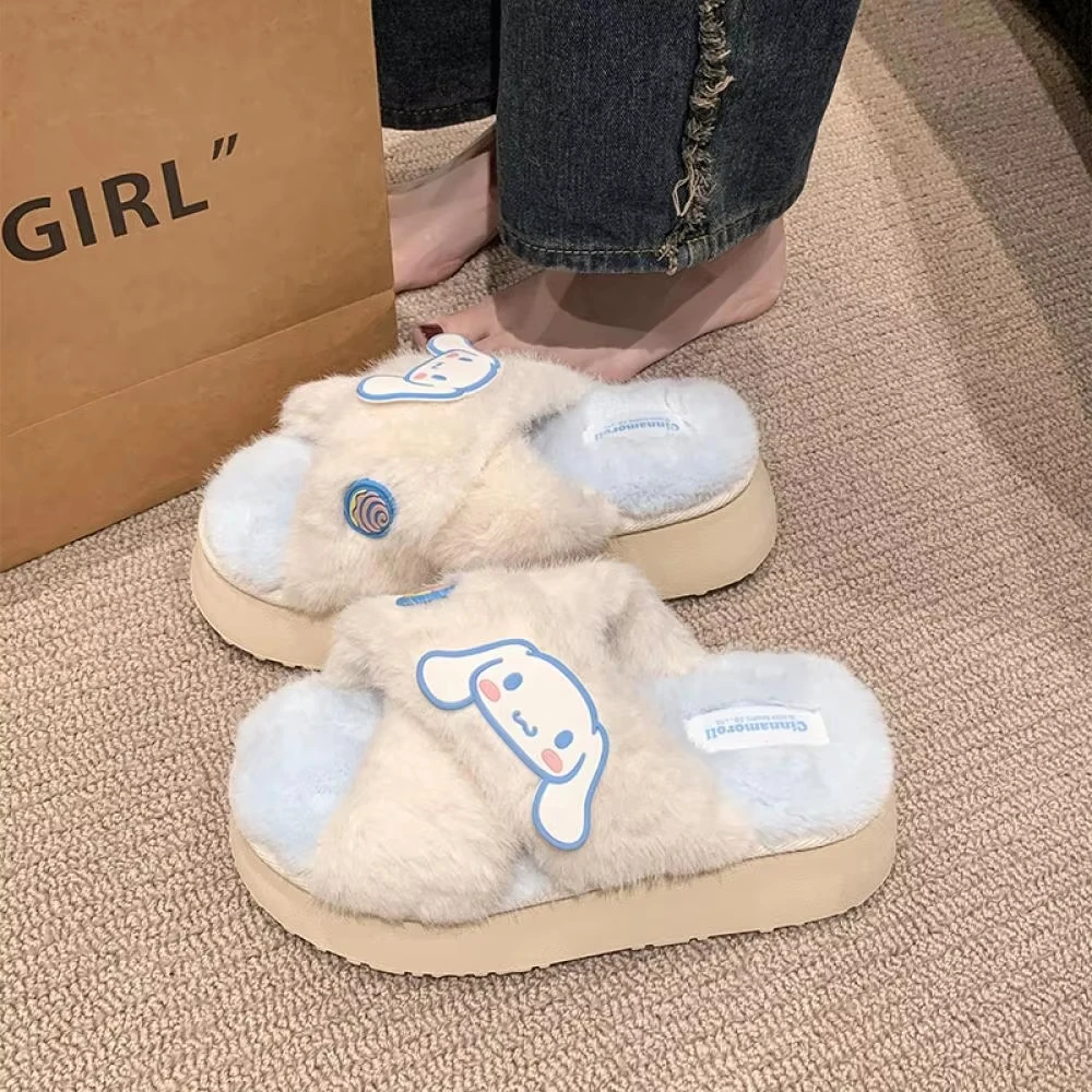 

Cinnamoroll Kuromi Women's Winter Warm Plush Slippers Sanrioed Anime Hello Kitty Cartoon Cute Girl Thicken Home Slippers Gift