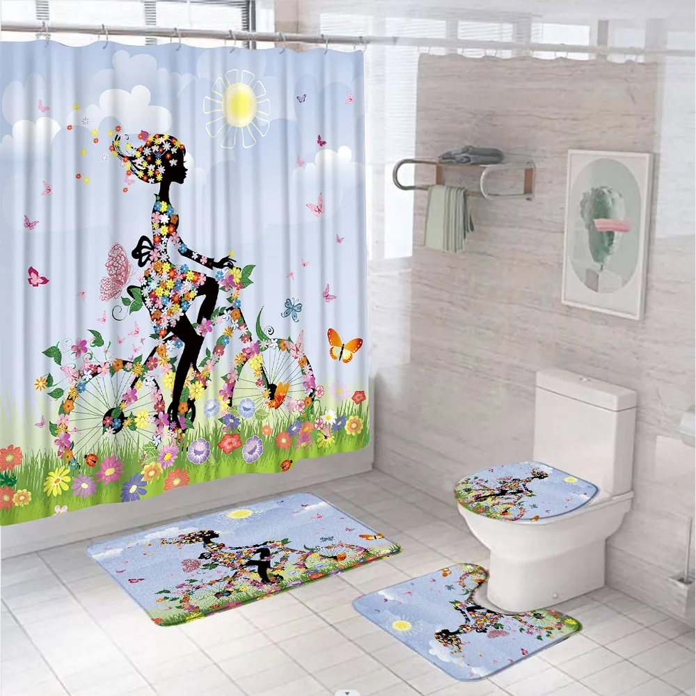 

4Pcs Abstract Art Flower Butterfly Shower Curtain Set Sexy Girl Women Bike Bathroom Decor Non-Slip Rug Toilet Lid Cover Bath Mat