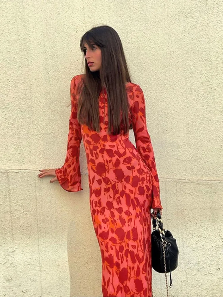 

Temperament Dress Printed Round Neck Long Sleeve Dresses Autumn Fashionable And Elegant Vestidos Para Mujer Slim Long Dresses