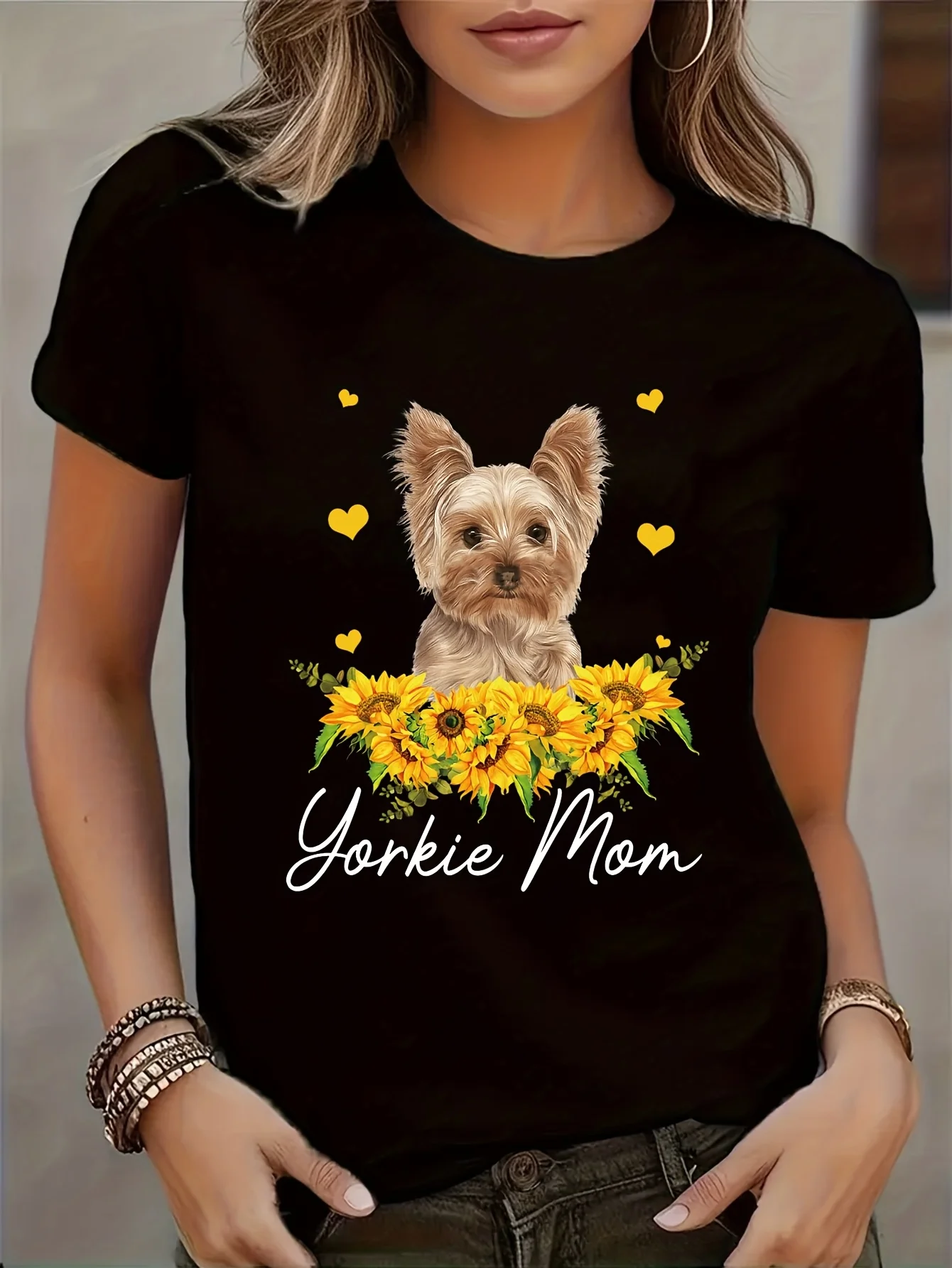 Women Casual Short Sleeve Tee with Cute Puppy Print Round Neck Semi Sheer Blouse Relaxed Fit Summer Top for Pet Lover Dog Mom
