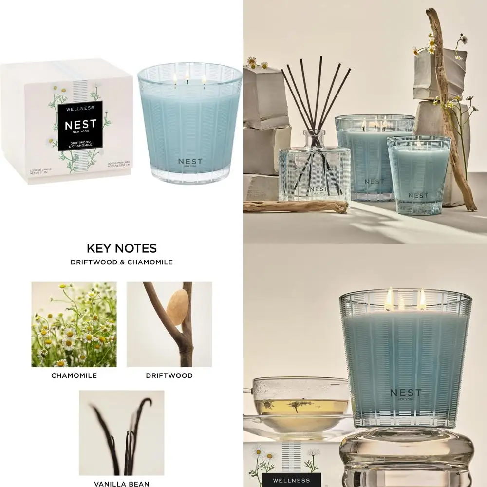 Vela perfumada de 3 mechas, aroma de madera flotante y manzanilla, 21,2 oz, tiempo de combustión de 100 horas, recipiente de vidrio reutilizable, fragancia duradera