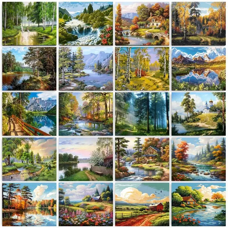 40×50CM DIY Painting By Numbers Trees And Mountains Picture Colouring Zero Basis HandPainted Oil Painting Unique Gift Home Decor