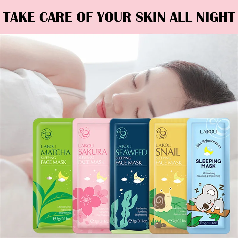 5PC Night Repair Sleep Sakura Snail Seaweed Anti-Aging Wrinkle Acne Remover Face Care Whitening Moisturizing Facial Mask