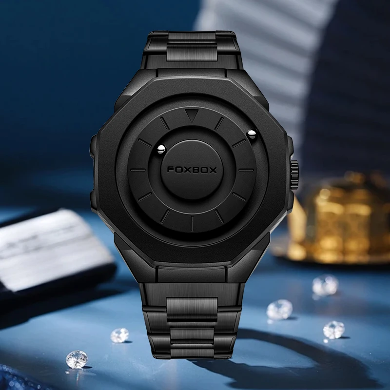 FOXBOX Unique Dial Creative Quartz Man Watch Fashion Stainless Sport Scrolling Pointer Magnetic Force Waterproof Watches for Men
