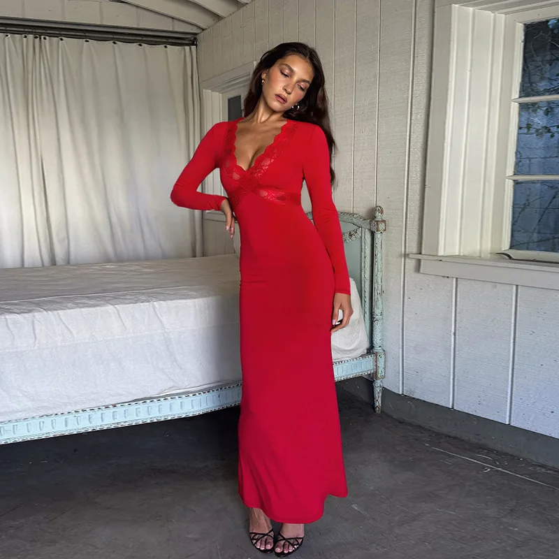 YL25336PFO الأكثر مبيعا Bodycon طويل مثير الخصر مقصوص الدانتيل المرقعة مساء فستان فتاة حار