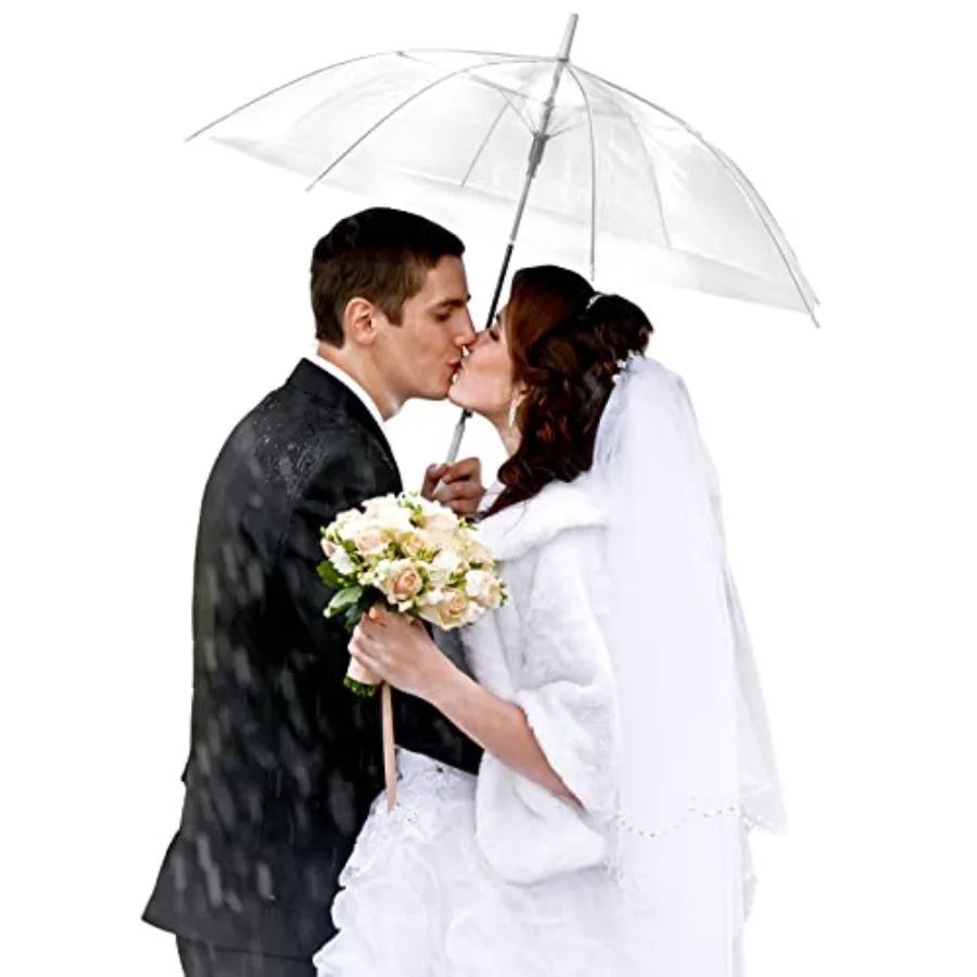 

10 Pack Clear Wedding Umbrellas Auto Open Windproof Transparent Large Clear Bubble Stick Umbrella Bulk with J Hook Handle for O