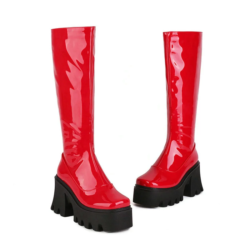 Black Red White Women Knee High Boots Platform Square High Heel Ladies Calf Boots Patent PU Leather Side Zipper Winter Boots