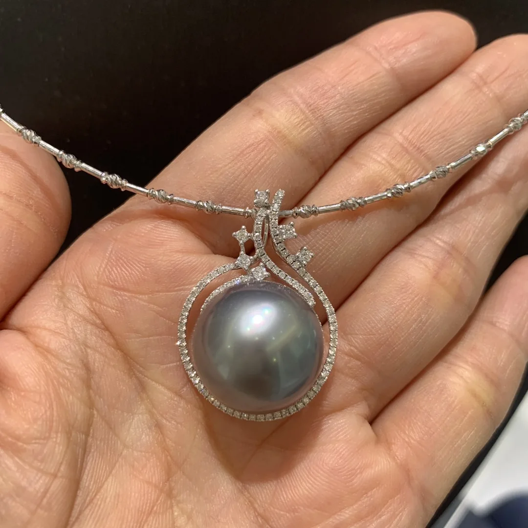 large big natural tahiti pearl pendant 14K white gold with diamond genuine luxury jewelry fine women jewelry grey color