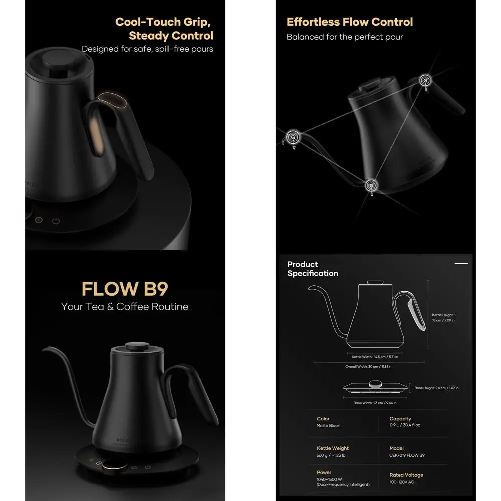 

Gooseneck Electric Kettle, Precise Temp Control for Coffee & Tea, Stainless Interior, Rapid Boil, 1500W/0.9L (Matte Black)