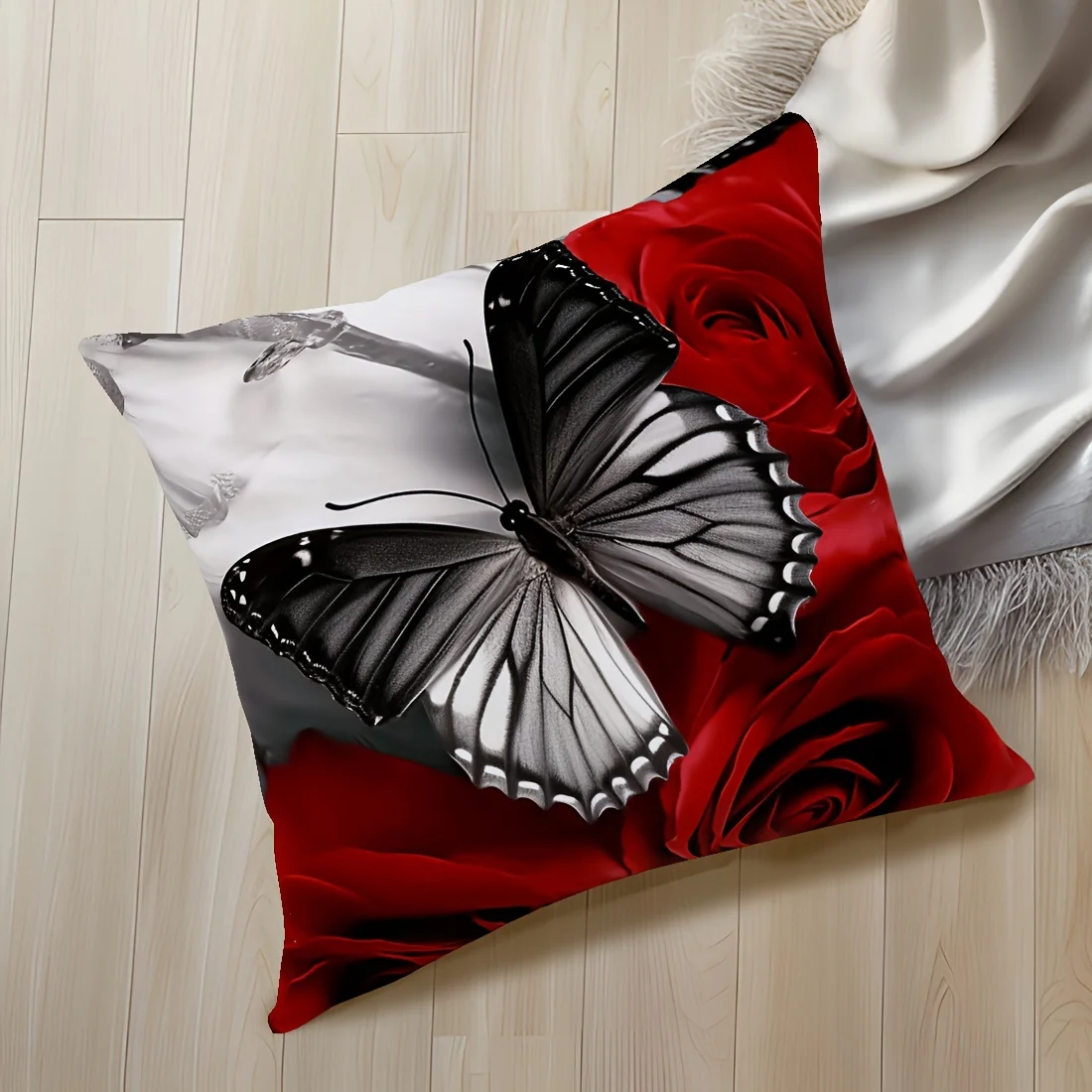 1pc,Rotten Red Rose Butterfly Cushion Cover,Cushion Cover Room Decor, Collectible Buildings Accessories Cushion Is Not Included