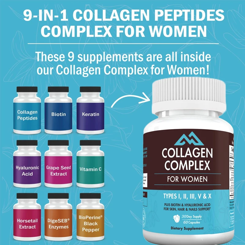 

Women's Collagen Capsules I II III V X containing Vitamin C Protein Digestive Enzyme Grape Seeds for Healthy Skin,Hair,and Nails