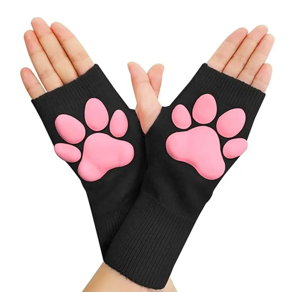 Soft Cute Cat Paw Mittens Gloves 3D Toes Beans Kitten Cat Claw Pad Sleeve Pink Kawaii Warm Knitting Gloves Womens