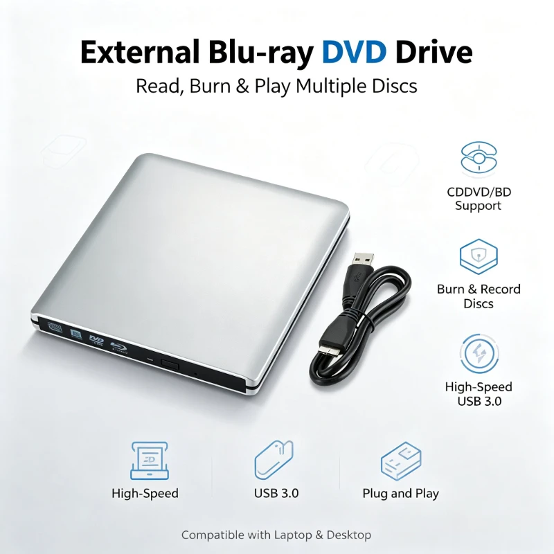 New Ultra-Slim External Optical Drive with 4K Blu-Ray Burning, USB 3.0, DVD Play, 3D Blu-Ray R/W, CD/DVD Burner New