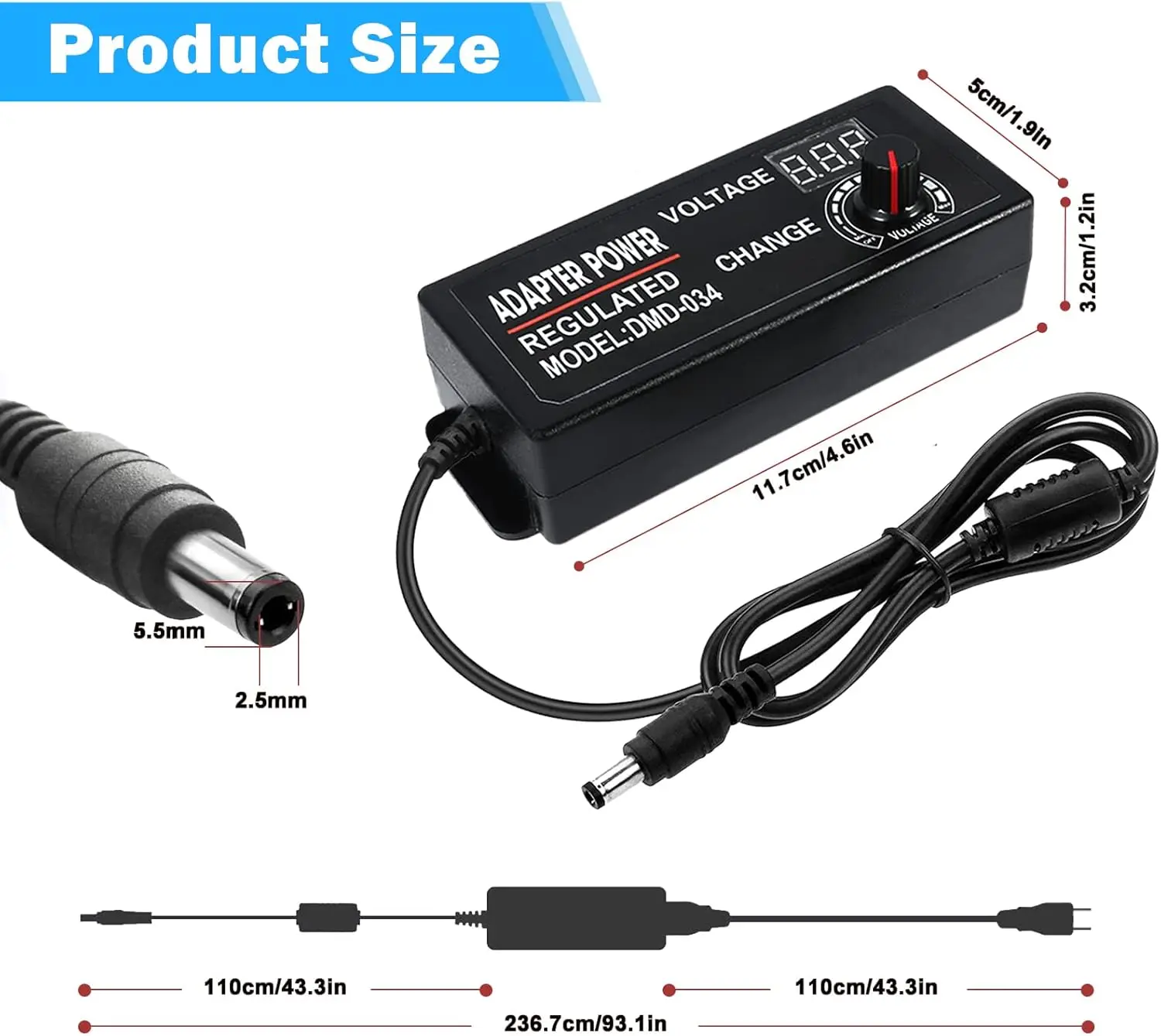EU Adjustable Power Adapter 3V to12V 5A / 3V to24V 2A DC Regulated Power Supply with Display Screen Knob, DC 5.5*2.5mm, AC100-24