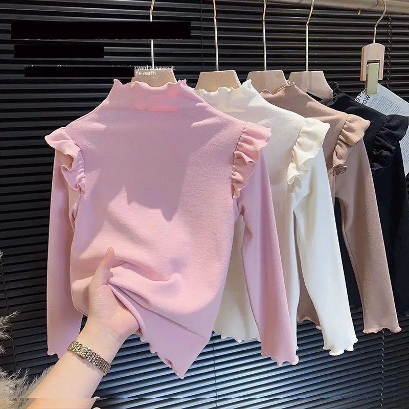 2026 Winter New Girls German Velvet Bottoming Shirts Solid Children Long Sleeve T Shirts Baby Girl Sweet Lace Tops Kids Clothes