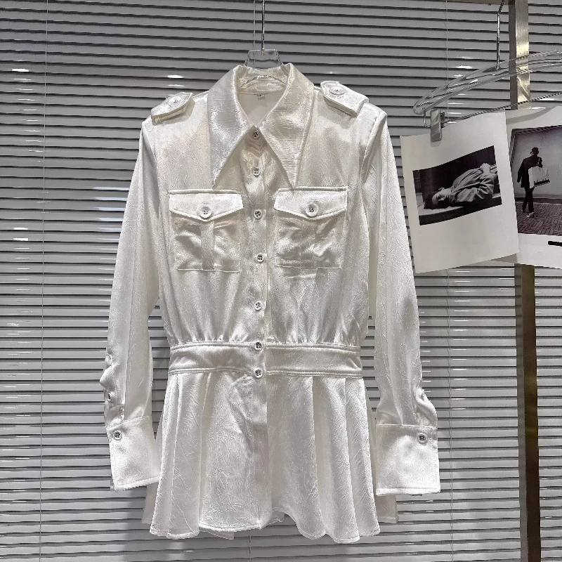 

2026 Spring New Sweet Cool Hot Girl Lapel Pocket Women's Coat Original Design Slimming Dark Pattern Satin Hem Top Coats Ladies