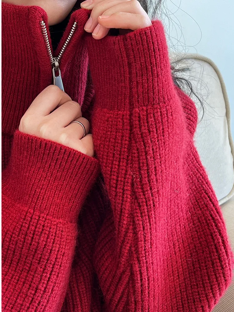 WHTREND Koreanischen Stil High-End-Half-Zip Einfarbig Stehkragen Kurze Gestrickte Pullover frauen Herbst Winter Neue pullover