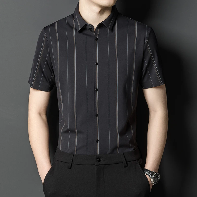 

Hight quality summer striped elastic short sleeve shirts for man slim fit formal shirt Nylon office anti-wrinkle white clothes