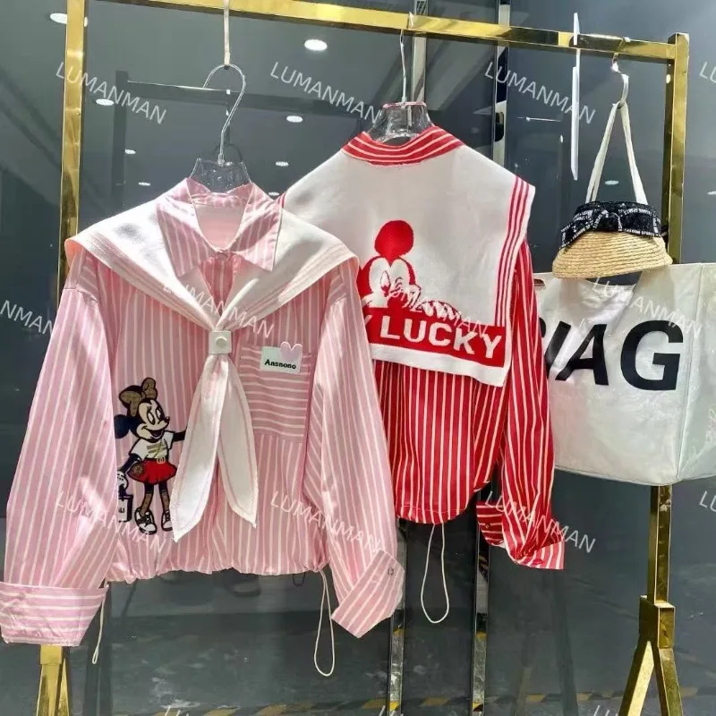 

Oversized European Goods Spring Autumn Fashion Collar Shawl Cartoon Mickey Embroidered Striped Long Sleeves Shirts for Women Top
