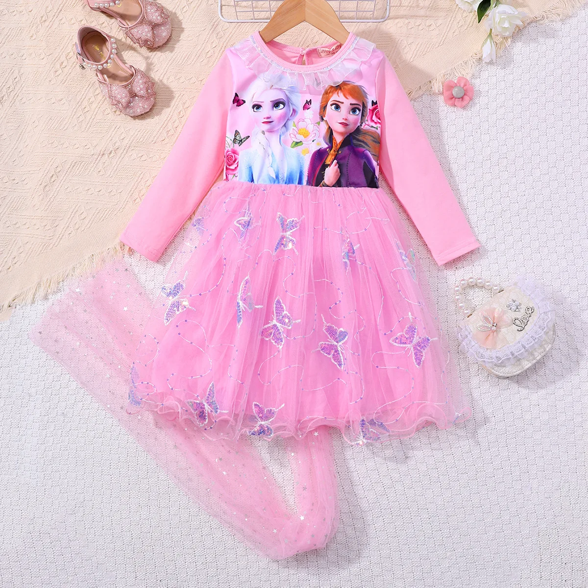 Frozen Girls' New Autumn Long Sleeve Cartoon Print Dress+Mesh shawl Children's Patchwork Mesh Pengpeng Princess Dress