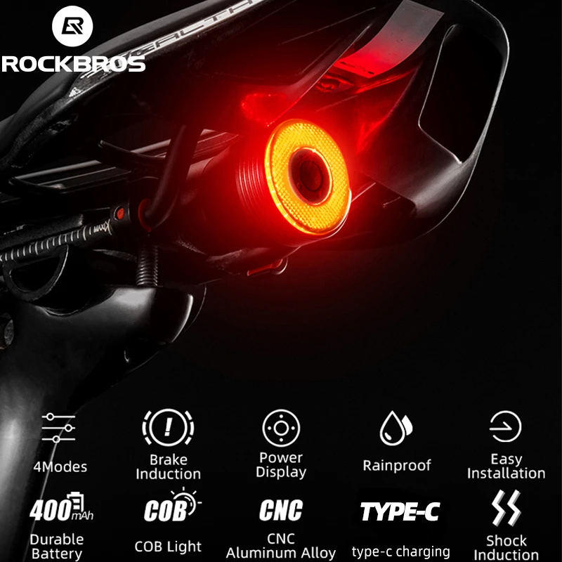 

ROCKBROS Smart Bicycle Rear Light Auto Start/Stop Brake Sense IPx6 Waterproof LED Type-C Rechargeable Flashlight Bike Accessory