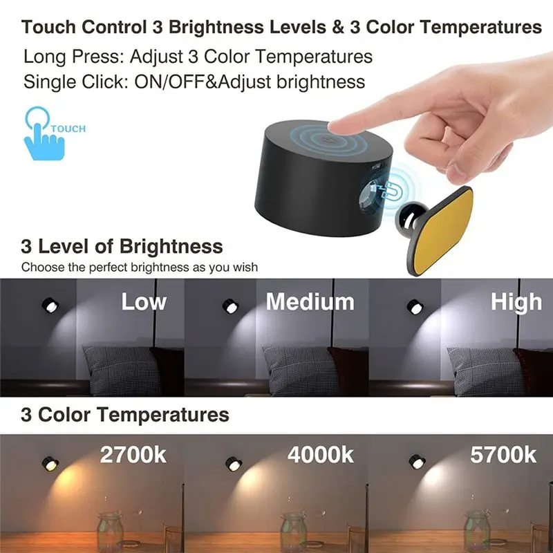 

SDFC-Reading Sconces Lamp LED Wall Lights With Remote 3 Colors& Dimmable Magnetic 360° Rot Rechargeable 2000Mah