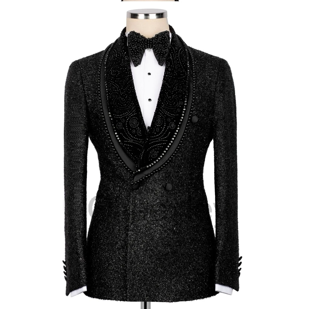 Olibexley Black Men Suits 2 Pieces Set Diamond Beaded Double Breasted Male Prom Blazers Groom Wedding Tuxedos Customized S290