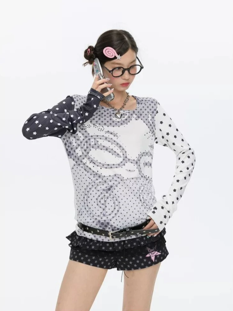 HOUZHOU Y2k Vintage Anime Juminocore Women T-Shirts Polka Dot Long Sleeve Japanese Harajuku Fashion Slim Tees Subculture Gyaru view 3