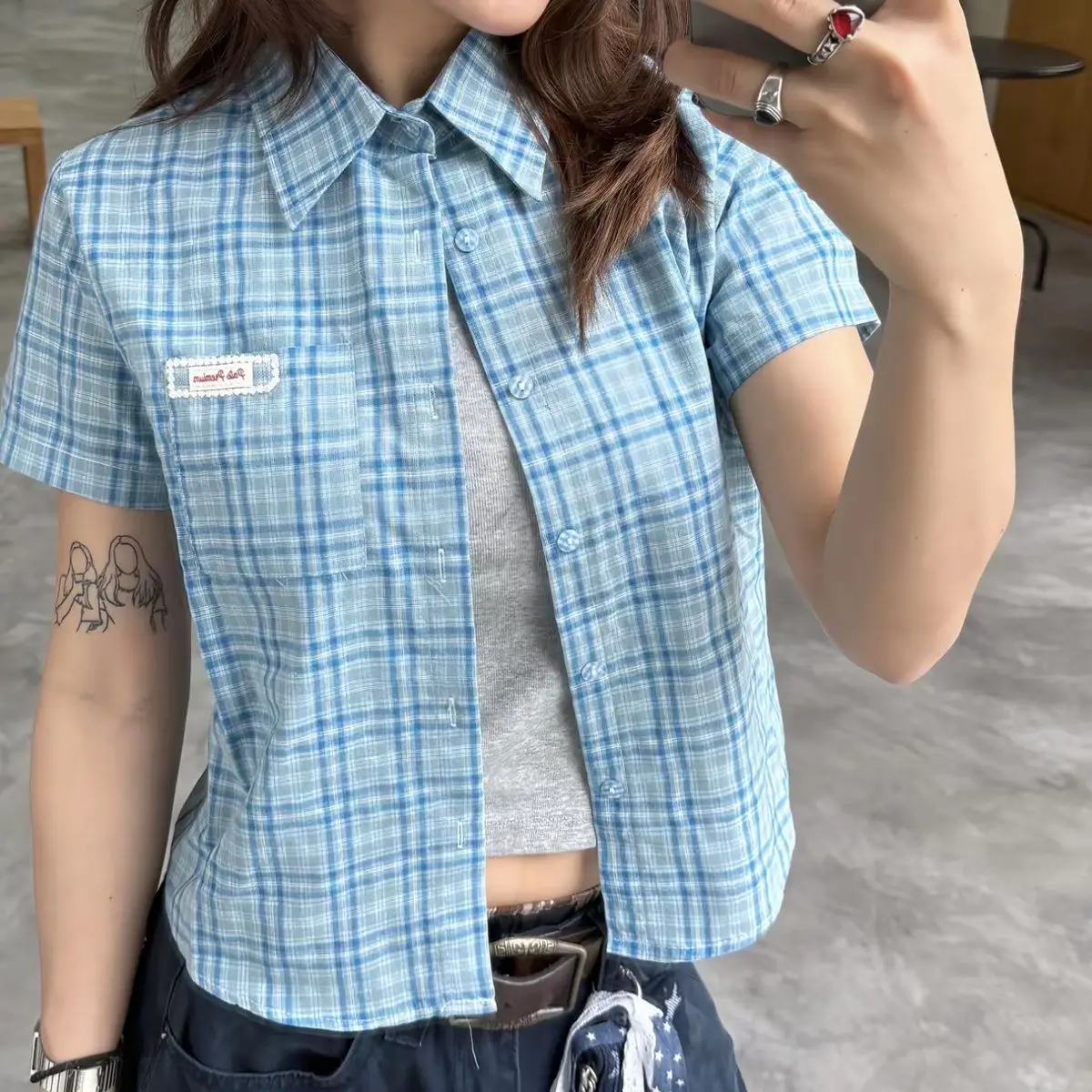 

Женская рубашка Onalippa 2026: летняя, в американском ретро-стиле, в клетку, приталенная, стандартного кроя, стройнящая, стильная, модная, с коротким рукавом