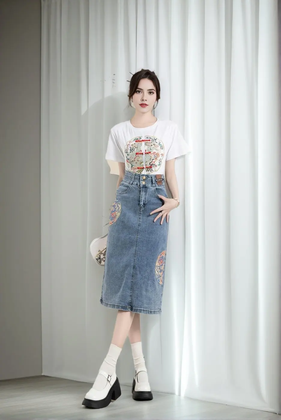 New 2024 Spring Summer Denim Skirt For Women High Waist Embroidery Back Slit Blue Jean Skirts Chinese Style A Line Skirt Women