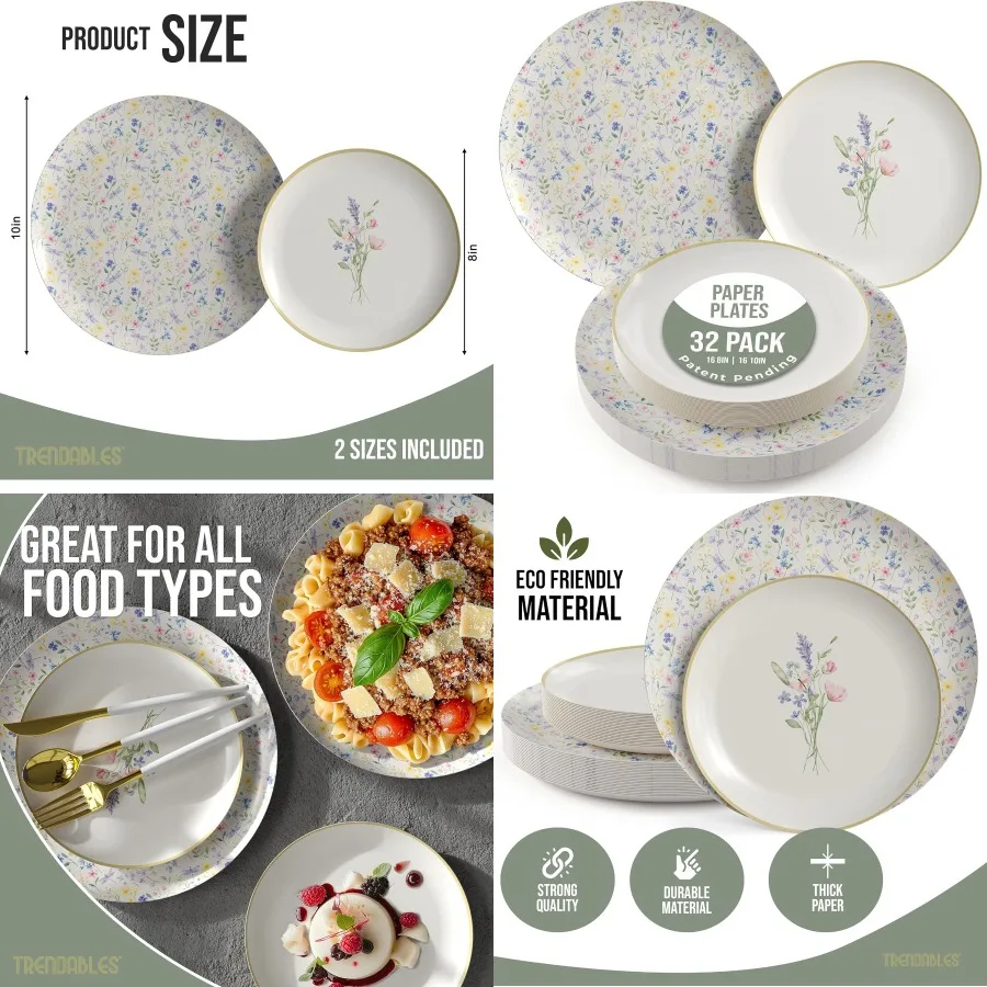 

Набор сверхпрочных бумажных тарелок для 16 гостей, 16 каждый из 8 и 10 дюймов, одноразовые тарелки для вечеринок, необычный набор посуды из 32 предметов