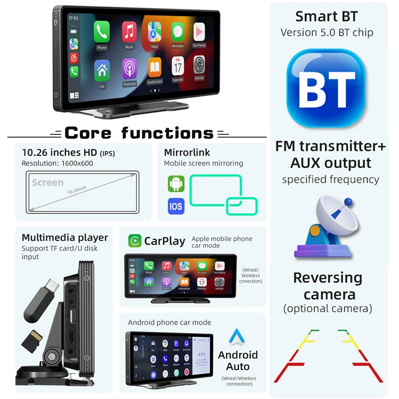 Car Radio Wireless Carplay & Android Auto 10.26inch Touch Screen Multimedia Bluetooth USB TF FM Radio Autoradio MP5 Player