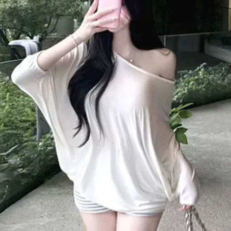 Dongda Gate Fashionable Comfortable Long Sleeve Loose T-Shirt Sexy Clavicle Baring Silhouette Thin Transparent Women's Wear