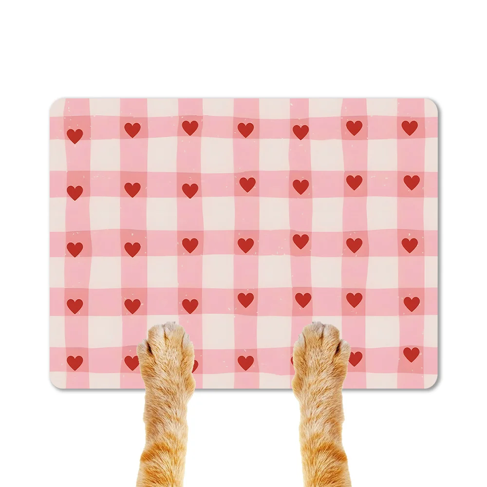 Cute Pink Heart Print Gingham Checkered Welcome Doormat Rug for Entryway Hallway Home Decor Gift Cottage Style Entrance Mat