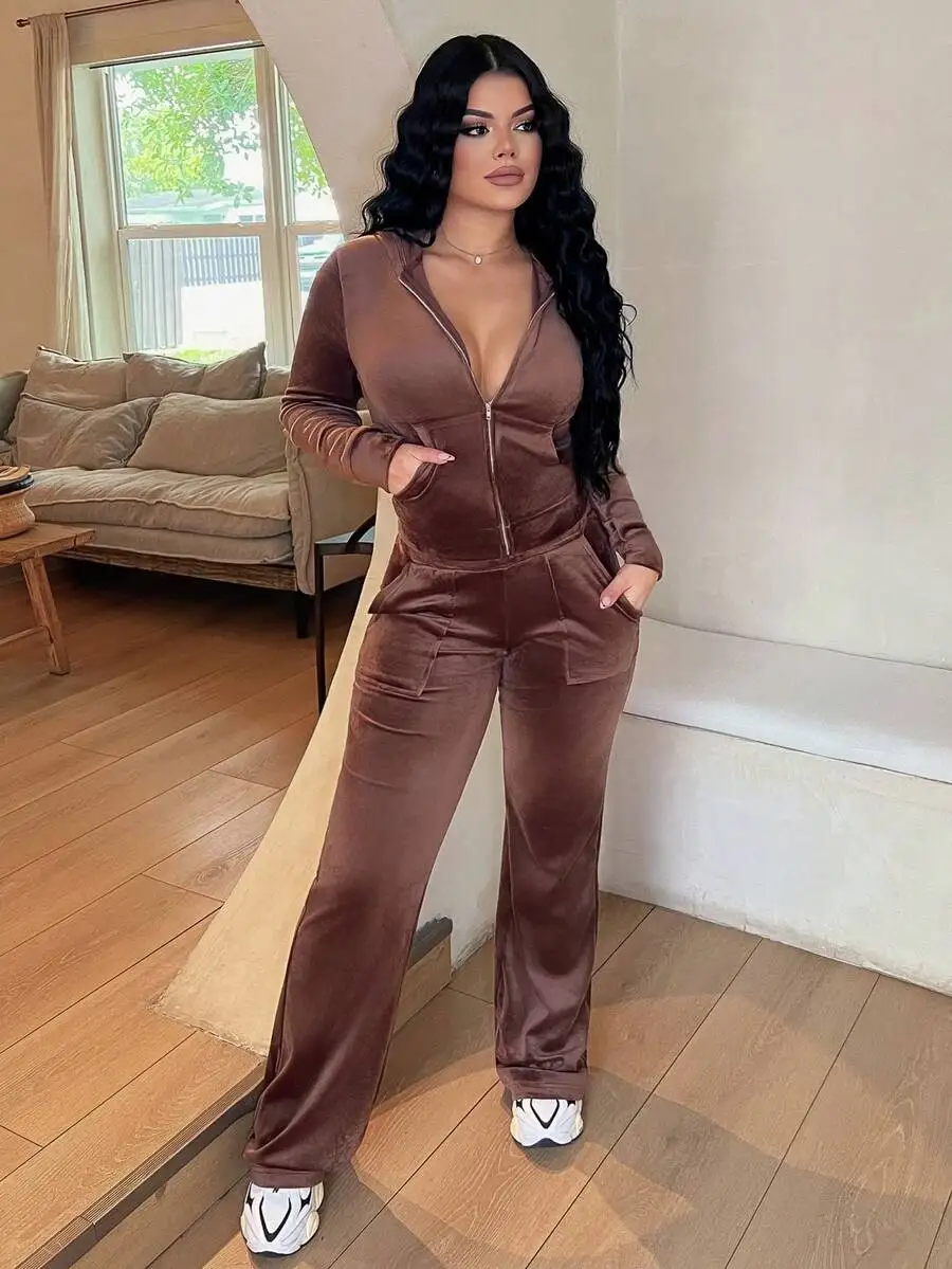 

Womens Velvet Zip-Up Hoodie And Wide Leg Pants 2 Piece Set Casual Lounge Wear