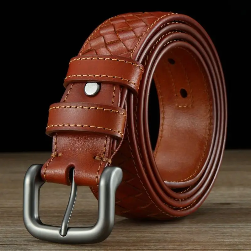 Handmade leather belt surface pure cowhide leather belt genuine leather silver needle buckle hand woven men\'s leather belt