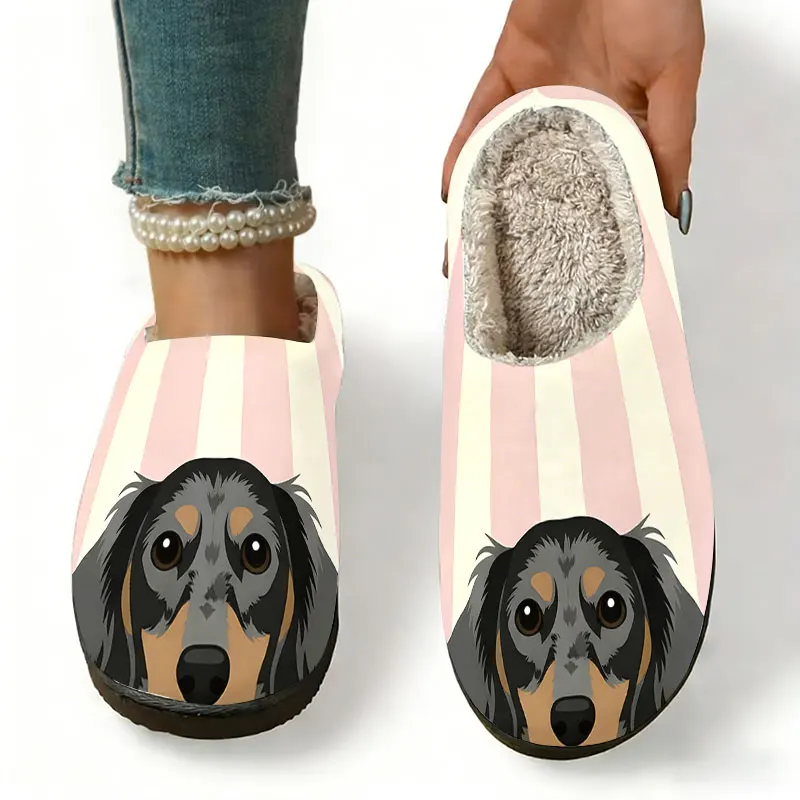 Dachshund Dog Pink Stripe Print Women's Winter Warm Plush Slippers Fuzzy Fleece House Slippers Indoor Shoes