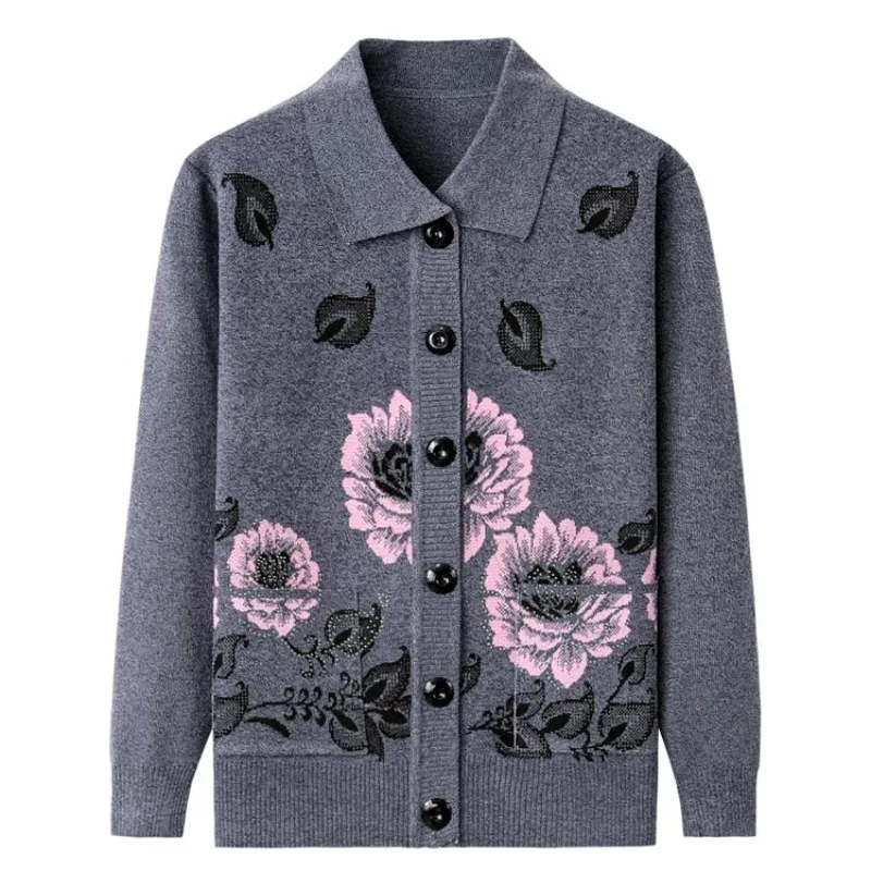 Women\'s Cardigan Button Printing Diamonds Square Neck Knitwear Autumn and Winter Loose Pockets Long Sleeve Vintage Sweater Coat